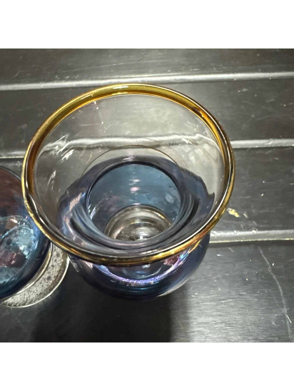 Bartlett-Collins Vintage 1950s Clear W/ Blue  Flashing, Gold Band Blown Vase